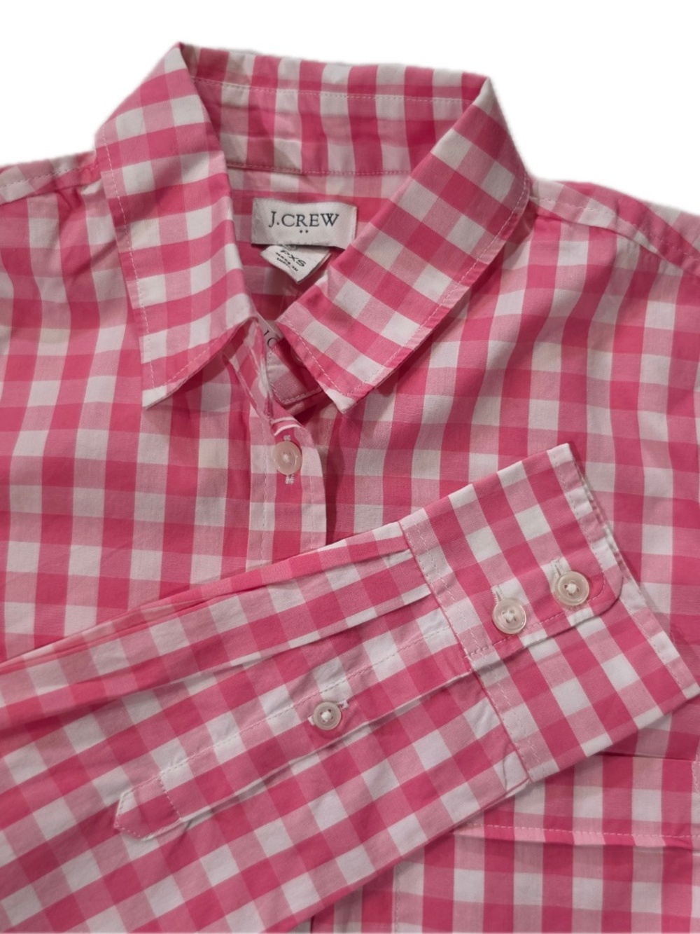 J.CREW Button-Up Womens PXS Pink Check Collared Long Sleeve Cotton Spandex